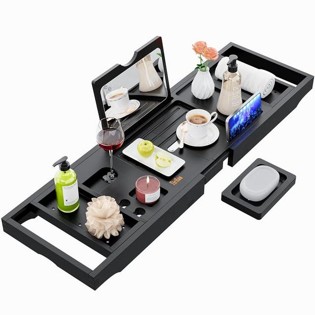 Yirilan Luxury Bathtub Tray Caddy - Expandable Bath Tray with Mirror - Unique House Warming Gifts-Black