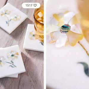 Floral Inlay Marble Coasters, Set of 4