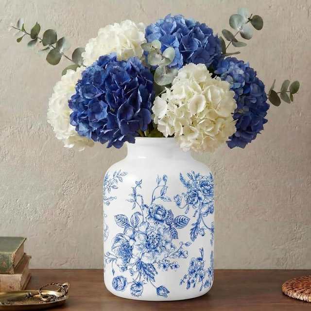 Ferrochef Blue Floral Vase 7.8 Inch Retro Rustic Chinoiserie Floral Vase Ice Cracked Ceramic Large Holder for Home Decor Bookshelf Office Living Room Chinoiserie Decors