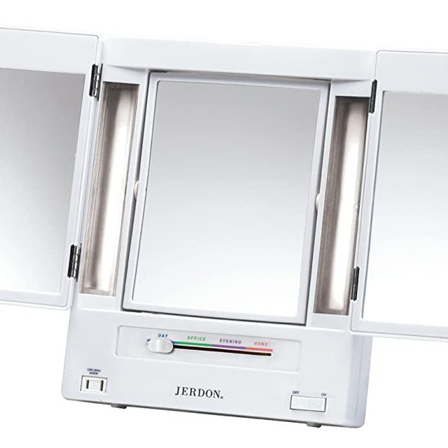 Jerdon Tri-Fold Two-Sided Lighted Makeup Mirror with 5x Magnification, White Finish