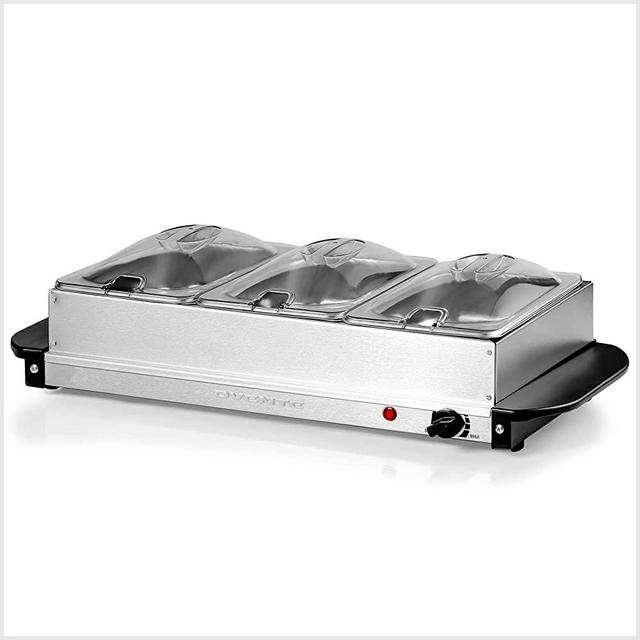 Ovente Electric Triple Buffet Server & Food Warmer Station with 3 Portable Stainless Steel Chafing Trays & Clear Lids, Adjustable Temperature Control Perfect for Holiday Dinner & Party, Silver FW173S