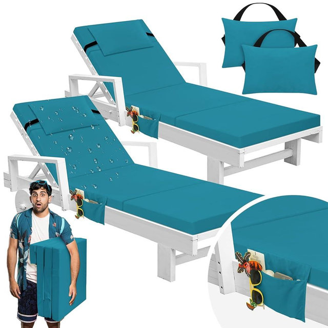 Bucherry 2 Pcs Chaise Lounge Cushions Outdoor with Headrest and Side Pocket Waterproof Chair Cushions Fade Resistant Patio Replacement Cushion Outdoor Furniture Pool 72 x 21 x 3 Inch(Lake Blue)