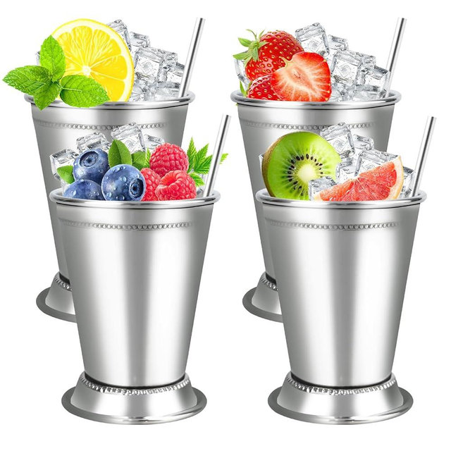 Mint Julep Cups，Silver Cups，Stainless Steel Glasses Set,Each one holds 12 ounces,Julep cup is a commonly used drinking vessel for summer parties,family gatherings,restaurants,bars，KentuckyDerby 4 Pcs