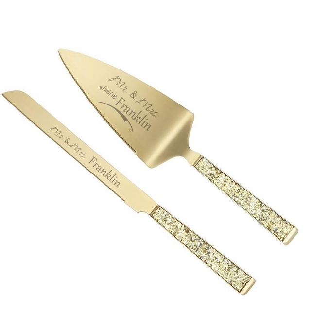 Kate Spade Simply Sparkling Gold Personalized Wedding Cake Knife and Server Set, Custom Engraved Wedding Cake Cutting Set for Bride and Groom