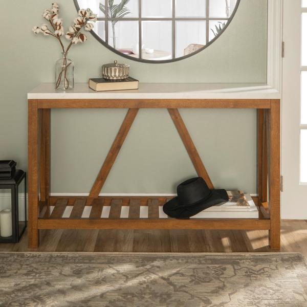 52 in. A-Frame Rustic Faux Marble and Walnut Entry Console Table