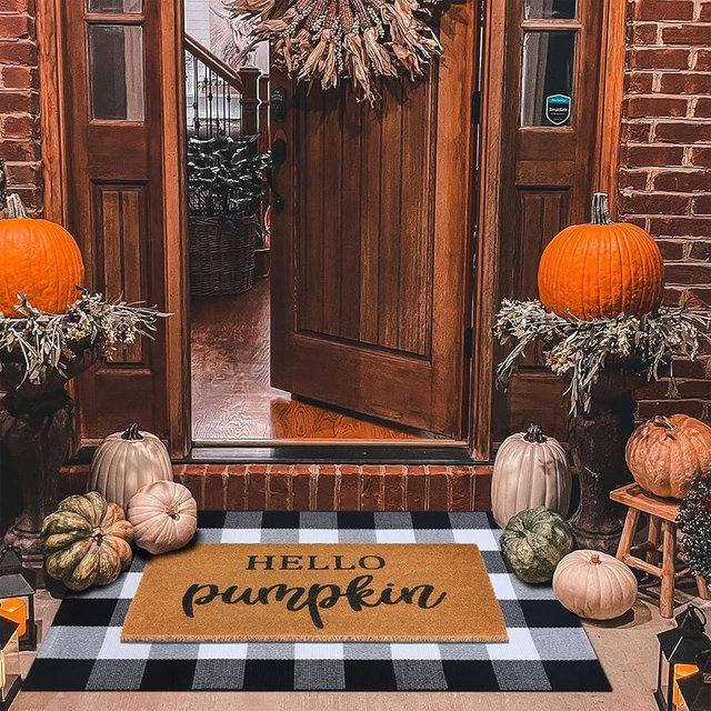 Fall Decor Door Mat Combo Set, 100% Coco Coir Welcome Mat + 28 x 43 Inches Black and White Plaid Rug - Fall Thanksgiving Front Porch Entryway Floor Doormat, Indoor Outdoors Autumn Mats Hello Pumpkin