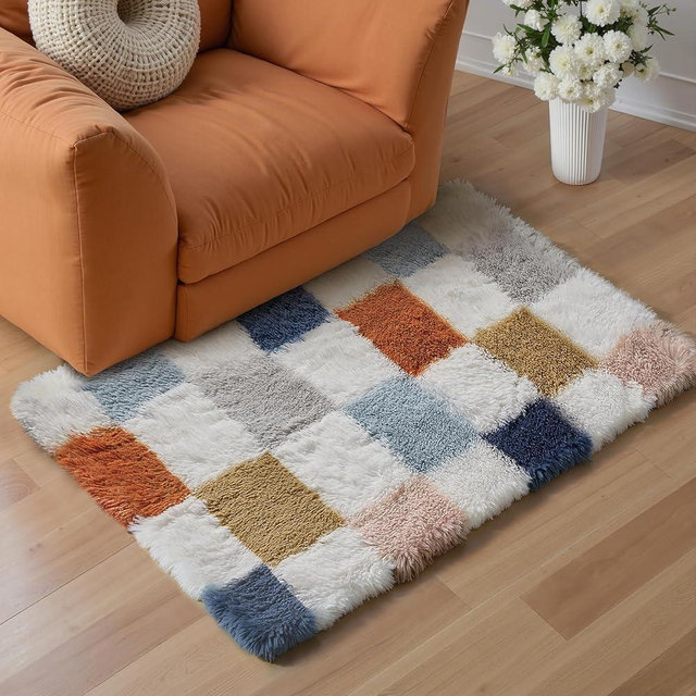 PureCozy Checkered Area Rug 2x3 for Bedroom, Modern Rainbow Shag Rug Super Soft Runner Carpet Washable Fluffy Rugs for Living Room Bedside Sofa Home Dorm Decor Aesthetic