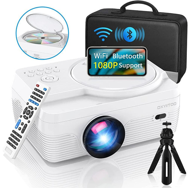 Full HD WiFi Bluetooth Projector Built in DVD Player, 8000LM 1080P Supported, Portable Mini DVD Projector for Outdoor Movies, 250" Home Theater, Compatible with iOS/Android/TV Stick/PS4/HDMI/USB/TF