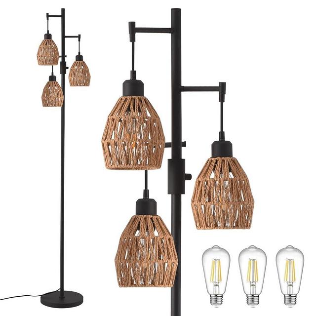 Boho Rattan Floor Lamp - Standing Lamps for Living Room 70'' Dimmable Floor Lamp with Cage Shade, Industrial Farmhouse Floor Lamps Rustic Floor Lamps Vintage Lamp for Living Room Bedroom Office