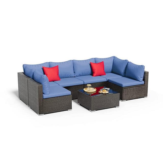 LYNSOM Patio Furniture Set, 7-Piece Outdoor Sectional Sofa with Cushions, PE Rattan Wicker Conversation Sets with Tempered Glass Table for Garden Backyard, Dark Grey