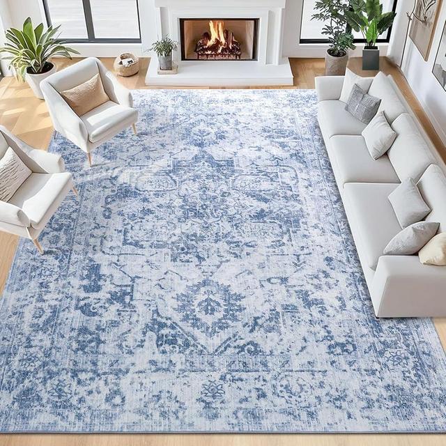 Area Rug 8x10, Washable Rug for Living Room, Large Area Rugs for Bedroom, Vintage Rug 8x10 for Dining Room, Non Slip Soft Low Pile Indoor Carpet for Kitchen, Nursery, Office, Farmhouse, Blue