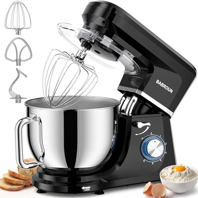 Babroun Dough Mixer 8.45 QT Electric Mixer - 660W 6 Speed Large Capacity Kitchen Stand Mixer with Whisk Dough Hook Mixing Beater Household Food Mixer for Baking Cakes Cookie Bread Salad(Black)