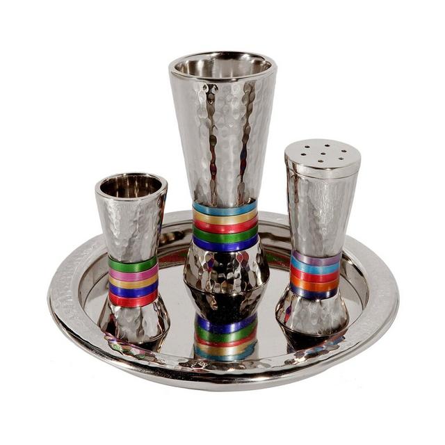 Yair Emanuel Havdalah Set - Modern Spice Box Kiddush Cup and Havdalah Candle Holder - Colored Rings