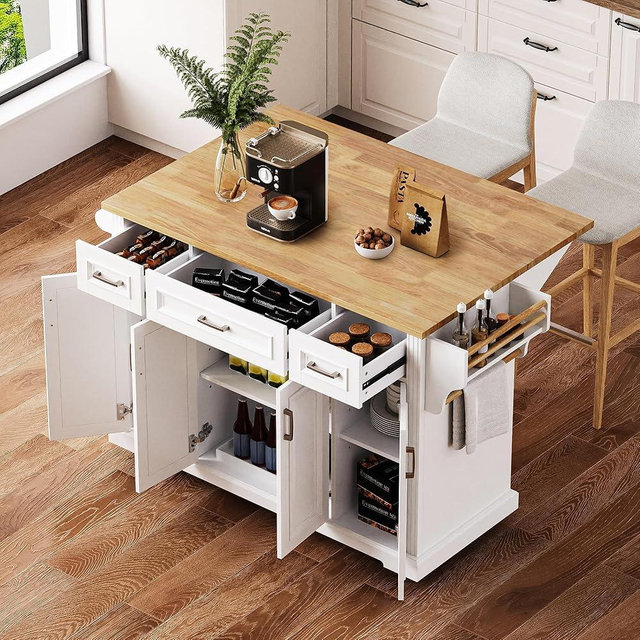 Yayzy Rolling Kitchen Island with Drop Leaf, 3 Drawers & 4 Cabinet Doors, 54” Mobile Kitchen Cart with Rubberwood Top, Side Storage Racks & Locking Wheels for Dining Room & Kitchen, White