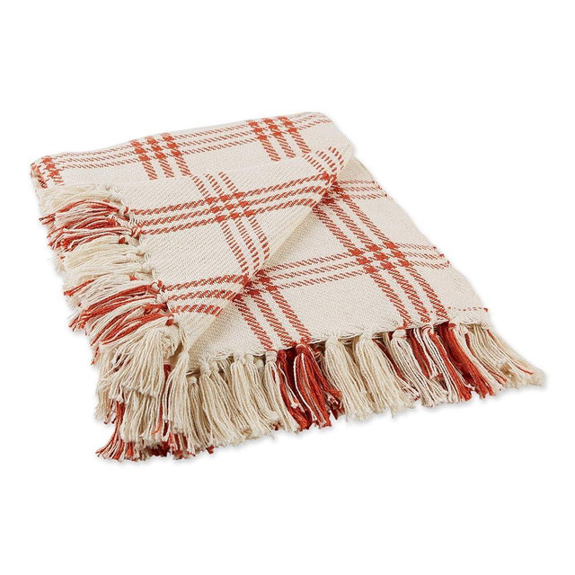 DII Modern Farmhouse Plaid Collection Cotton Fringe Throw Blanket, 50x60, White/Vintage Red