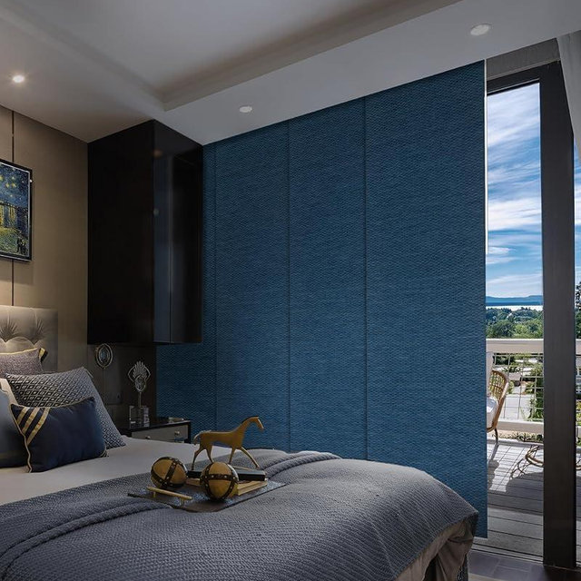 GoDear Design 99.99% Blackout Adjustable Vertical Blinds 45.8"- 86" W x 96" H, Extendable Sliding Track Window Blinds, Door Blinds, Blue Trimmable Woven Panels with Glitter Threads, Sapphire +