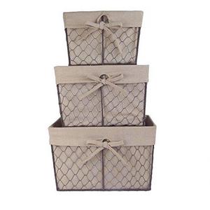 Home Traditions Vintage Metal Chicken Wire Storage Basket with Removable Fabric Liner, Set of 3 Mixed Nesting Sizes, Natural