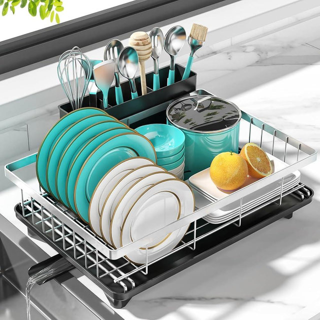 MERRYBOX Stainless Steel Dish Drying Rack for Kitchen Counter Sink with Drainboard Rustproof Stainless Steel Dish Drainer Dish Rack with Widened Leak-Proof Spout, Large 3-Compartment Utensil Holder