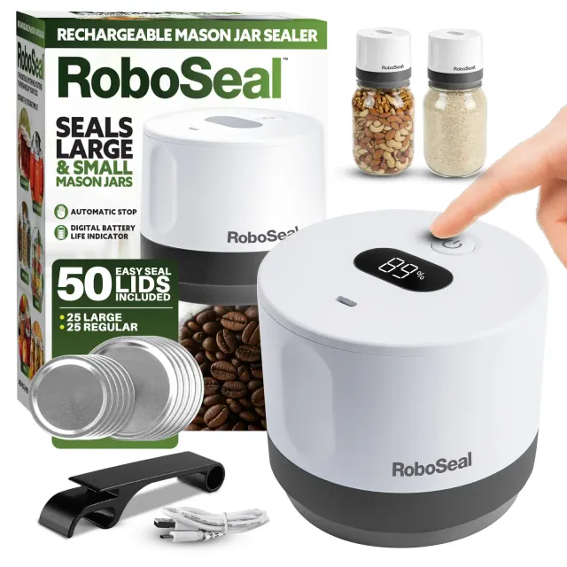 RoboSeal Rechargeable Mason Jar Vacuum Sealer Kit with 50 Lids - 1 Touch Operation, Food Preserver with Auto Stop