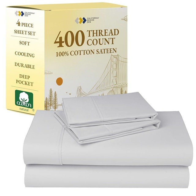 California Design Den Natural 100% Cotton Bed Sheets Queen Size Set - 400 Thread Count Sateen, Deep Pocket Queen Sheets Set with All Around Elastic, Soft, Cool and Durable Bedding - Silver