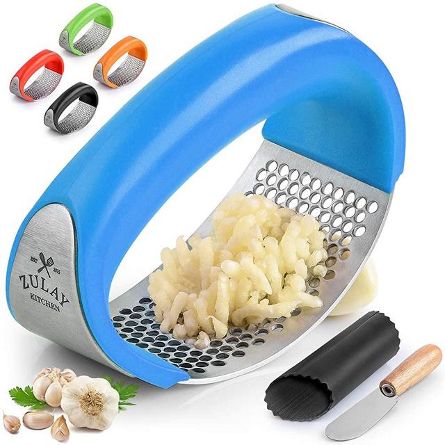 Zulay Stainless Steel Garlic Press Rocker Set - Premium Garlic Mincer With Silicone Peeler & Scraper - Arc Shape Design Garlic Crusher With Comfortable Grip (Blue)
