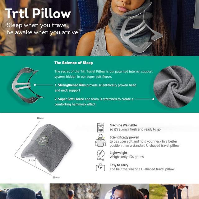 Trtl Pillow (Bundle of 2) - Scientifically Proven Super Soft Neck Support Travel Pillows - Machine Washable (2 Items - Black & Grey)