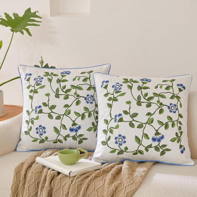 Teyeuf Embroidered Florals Throw Pillow Covers 18x18 Set of 2 Blue and Green Vine Decorative Cushion Covers for Couch or Bed - Farmhouse Style Soft Cotton Pillowcases for Home Decor
