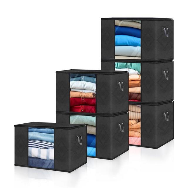 SpralSail Clothes Storage Bags, Closet Organizers and Storage Containers for Clothes, Bedding & Blankets, Foldable Bedroom Organization Solution with Window, Handles & Zippers - 6 Pack,Black