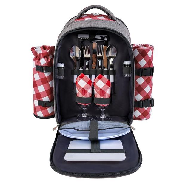 apollo walker Picnic Backpack Bag with Cooler Compartment, Detachable Bottle/Wine Holder, Fleece Blanket, Plates and Cutlery Set (2 Person, Gray)