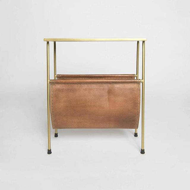 Best Home Fashion Brass Finish Side Table with Leather Magazine Holder
