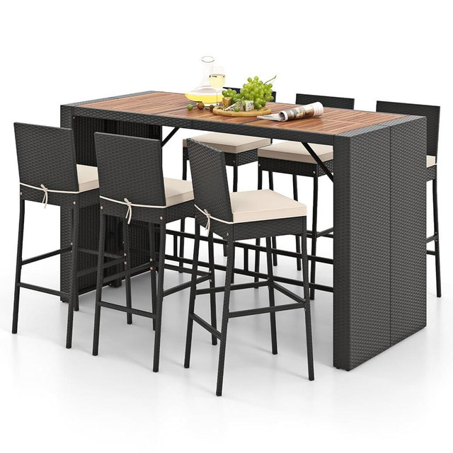 RELAX4LIFE 7-Piece Outdoor Bar Set - Wicker Rattan Bar Height Dining Table w/Acacia Wood Top & 6 Bar Stools Chairs w/Seat Cushions, Backrest, Footrest, Outside Patio Bistro Set for Backyard (73'')