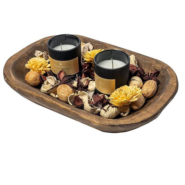 Decorative Bowl Home Decor 10 Inch, Wooden Dough Bowl Decor, Wooden Bowl Decor, Wood Bowl Dining Room Table Centerpiece Decor Bowl, Wood Bowl Decorative, Centerpiece Bowl Baguette Bowl 10x14 Waxed