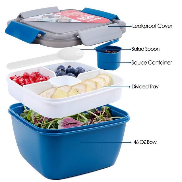 Shopwithgreen 52 OZ to Go Salad Container Lunch Container, BPA-Free, 3-Compartment for Salad Toppings and Snacks, Salad Bowl with Dressing Container, Built-in Reusable spoon, Microwave Safe (Navy)