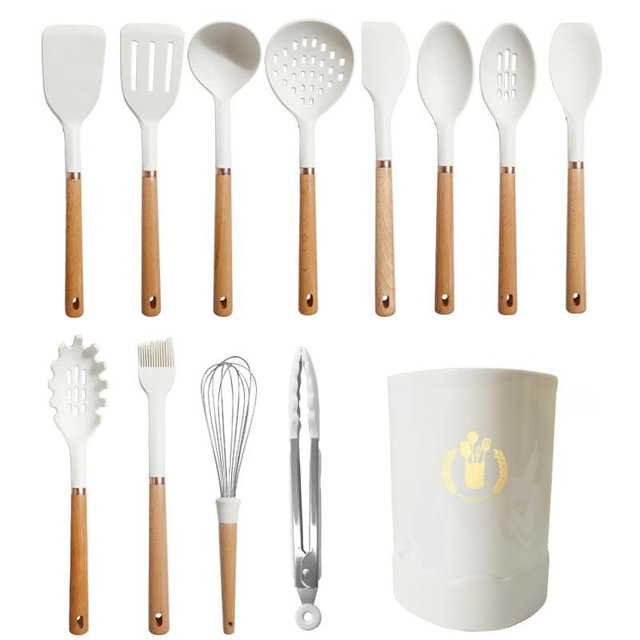 Jiufei Home Kitchen Utensils Set - 446°F Heat resistant, 13 pcs Non-Stick Silicone Cooking Kitchen Utensils Spatula Set with Holder, (BPA Free)(white)