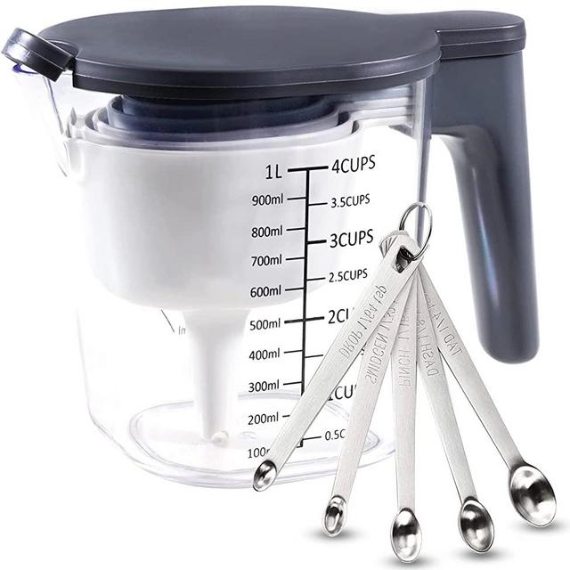 Recogwood 15 Pieces Measuring Cups and Spoons set, Includes 10 Stackable Measuring Cup with Lid and 5 Mini Stainless Steel Measuring Spoons, Teaspoons for Liquid and Dry, BPA Free, Dishwasher Safe