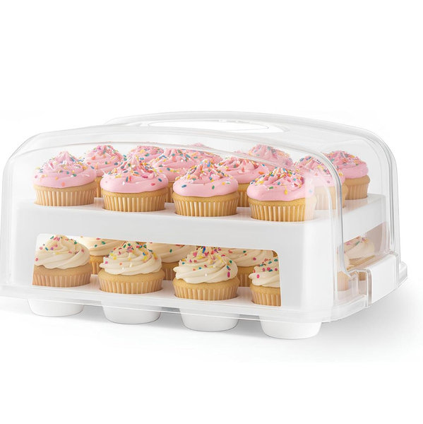 MosJos EXTRA TALL DOME Cupcake Carrier, White Cupcake Holder Carries 24 Cupcake Storage Container, Muffin Traveler Two Tier Stand Reusable Cupcake Box
