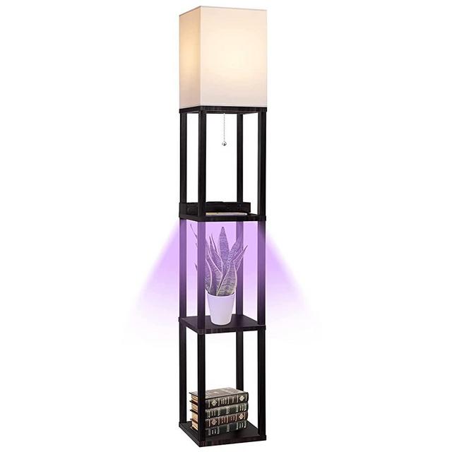 Floor Lamp with Shelves for Living Room, Shelf Floor Lamp with LED Grow Light, Wireless Charging Station, USB Port and AC Outlet, Modern Standing Light Column Lamp Tower Nightstand for Bedroom