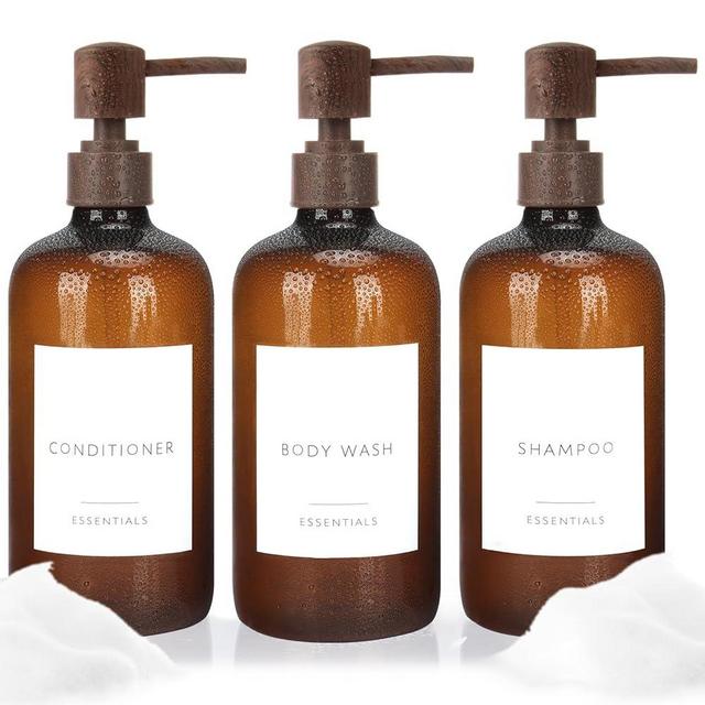 Insdawn Shampoo and Conditioner Dispenser Set of 3 Plastic 21oz Shower Soap Dispenser Bottles with Pump and Labels Easy to Refill Body Wash for Bathroom Decor 2cc