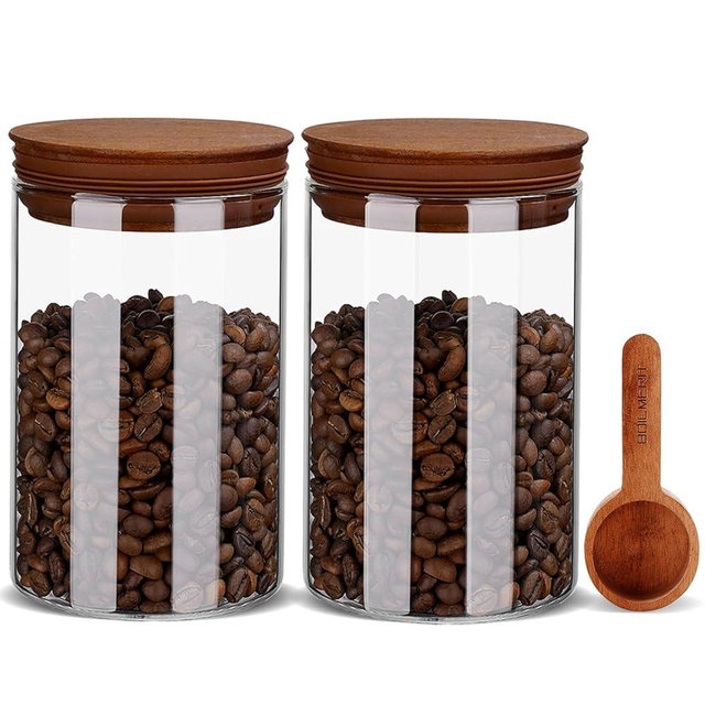 27oz Coffee Canister with Scoop and Wooden Lids, Airtight Coffee Grounds Container Set of 2 for Coffee Bar Organizer, Glass Jar for Coffee Beans Storage