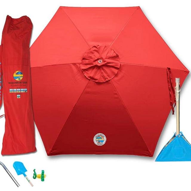BEACHBUB Beach Umbrella System - Beach Accessories for Families & Beach Goers, Includes 7.5 foot (50+ UPF) Beach Umbrella, Oversized Bag, Base & Accessory Kit (Bold Breaker Red)
