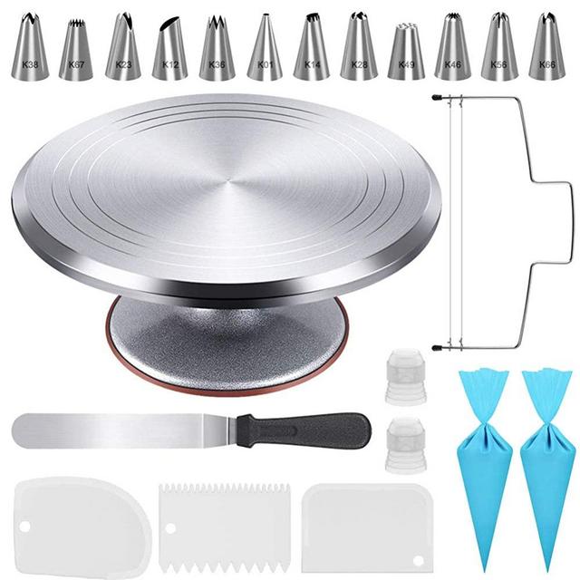 Kootek 22 Pcs Cake Decorating Kit with 12 Inch Aluminum Alloy Revolving Cake Turntable, Cake Leveler, Icing Spatula, 12 Numbered Piping Tips, 2 Silicone Pastry Bags, 2 Couplers, 3 Icing Smoother