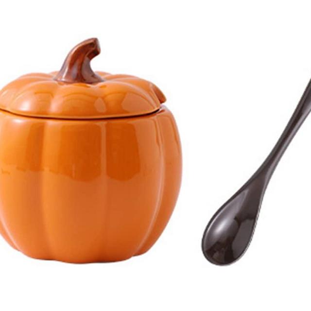 Mozacona Ceramic Sugar Bowl Pumpkin Shape Spice Jar Seasoning Jar with Lid Spoon