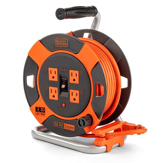 Black + Decker Retractable Extension Cord, 50 ft, 4 Outlets - 14AWG SJTW Cable - Heavy-Duty Outdoor Power Cord Reel w/ Multi-Plug Extension, Easy Handle Rewind - Premium Cord Retractor for Garden
