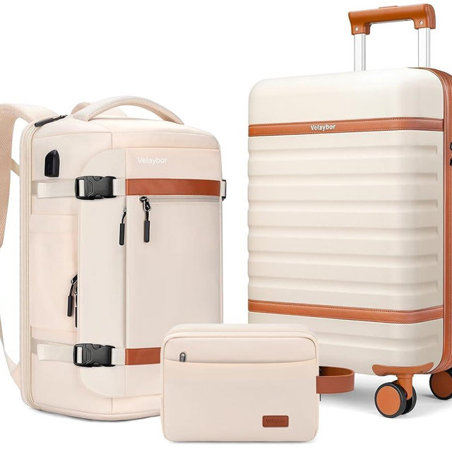 Velaybor Luggage Sets 3 Piece with Spinner Wheels, Lightweight PC Hardside Suitcase with TSA Lock & YKK Zippers, 20 Inch Carry On Luggage with Travel Bag for Men and Women, Beige