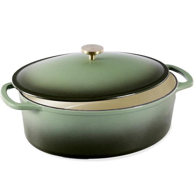 Best Choice Products Oval 7.5 Quart Enamel Cast-Iron Dutch Oven, Heavy-Duty Pre-Seasoned for Baking, Cooking w/Side Handles – Deep Olive Green