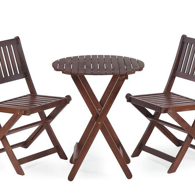Mederlo 3-Piece Acacia Wood Bistro Set, Wooden Folding Patio Furniture for Garden Backyard Balcony Porch w/ 1 Coffee Table and 2 Foldable Chairs
