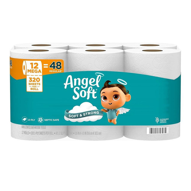 Angel Soft Toilet Paper, 12 Mega Rolls = 48 Regular Rolls, Soft and Strong Toilet Tissue