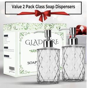 GLADPURE Soap Dispenser - 2 Pack, 12 Oz Clear Diamond Design Glass Refillable Hand Soap Dispensers; with 304 Rust Proof Stainless Steel Pump, Lotion Dispensers for Kitchen, Bathroom
