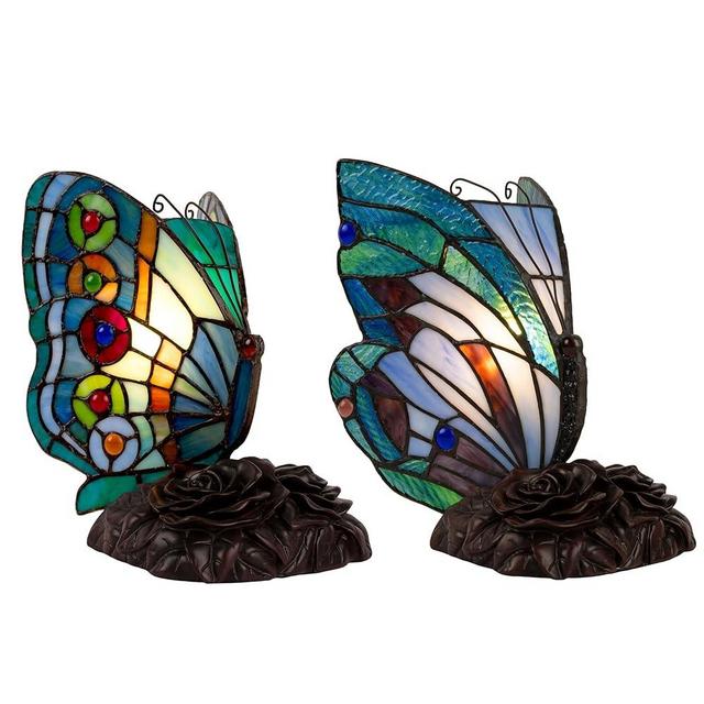 Lavish Home Tiffany Style Butterfly Table Lamp – Set of 2 Stained Glass Desk or Night Light Lamps with LED Bulbs – Vintage-Style Accent Décor