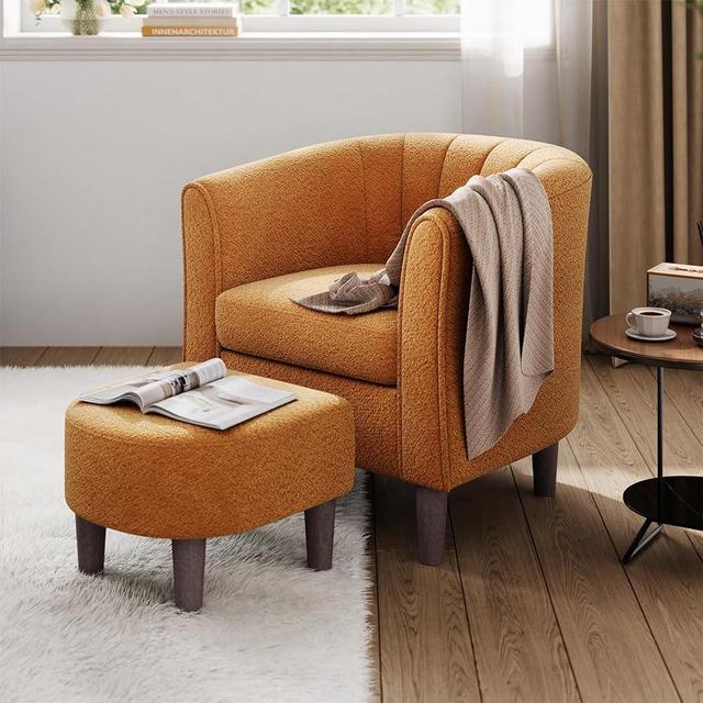 LINSY Accent Chair and Ottoman Set: Chenille Barrel Chair with Foot Rest, Mid-Century Modern Small Reading Chair Upholstered Armchair with Footrest for Living Room Bedroom Study Room Office (Orange)